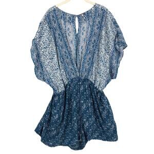 Free People Romper Women's Large Blue Floral Boho Rayon Arizona Short Sleeve